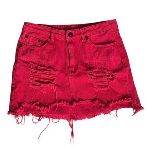 Signature8 Denim Mini Skirt Red Distressed Raw Hem Punk Streetwear Grunge Small